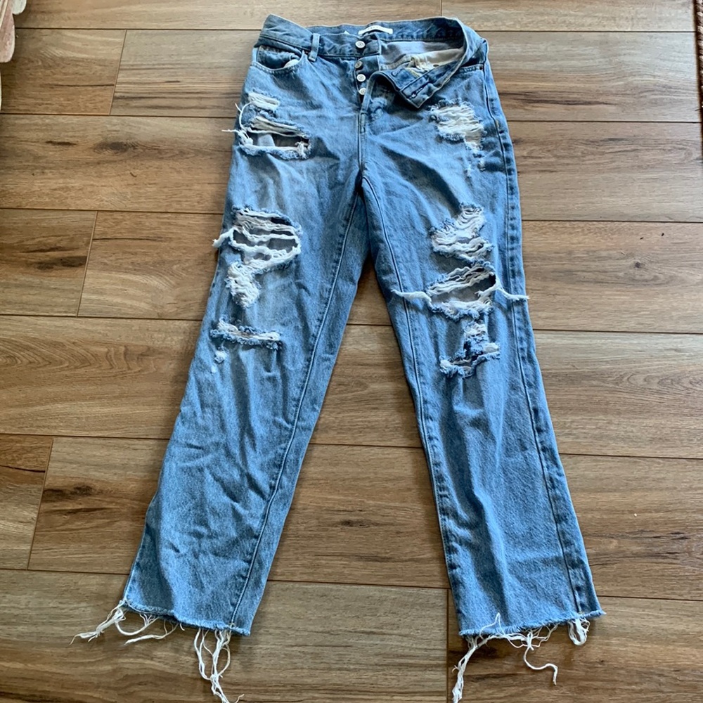 PAC Sun sz 25 high waist button fly distressed jeans raw hem euc